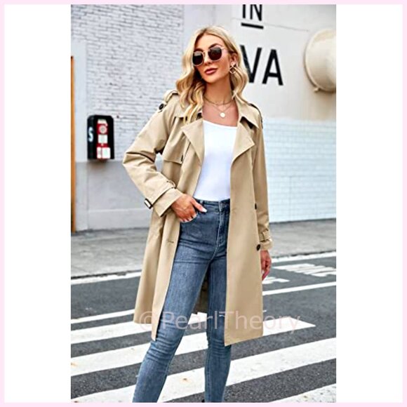 Double Breasted Long Trench Coat Windproof Lapel Slim Overcoat with Belt - Picture 4 of 7